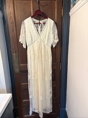 Pinkblush Cream Lace Maxi Dress with V-Neck & Flutter Sleeves